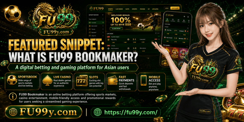 Featured overview explaining what FU99 Bookmaker offers, including sports markets, mobile access, and secure platform experience.